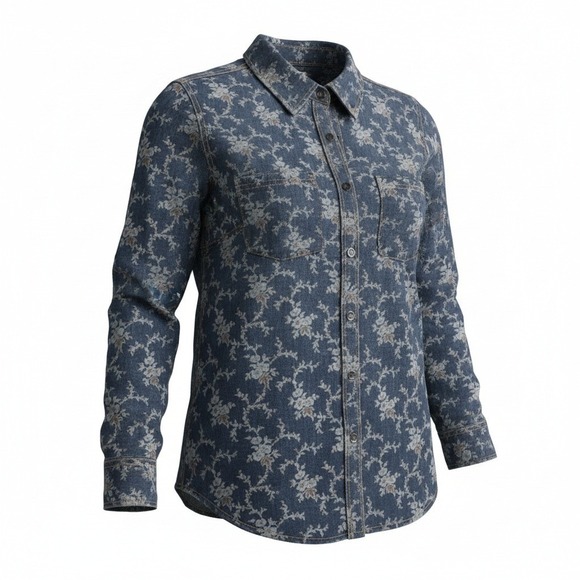 Overland Tops - Overland Womens Floral Button Down Shirt Tencel Cotton Midnight Blue‎ Casual M